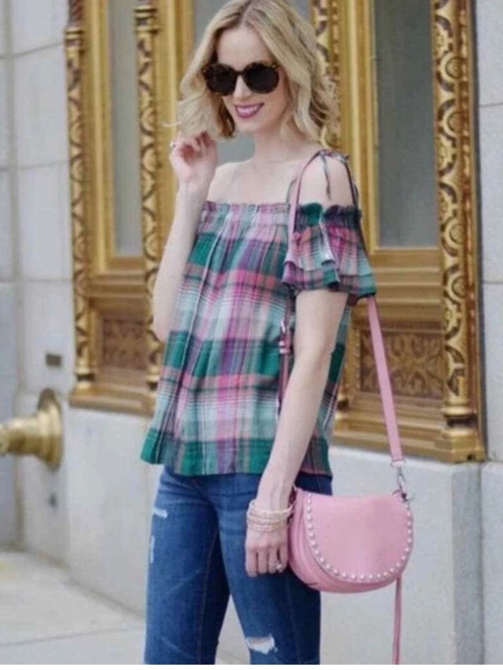 LOFT Plaid Off Shoulder Top XS Pink Green